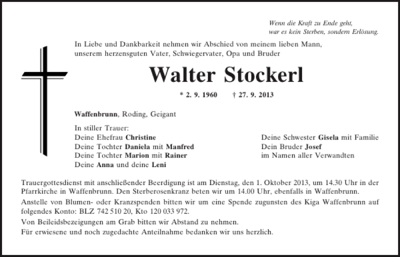  Traueranzeige für Walter  Stockerl vom 30.09.2013 aus Mittelbayerische Zeitung
