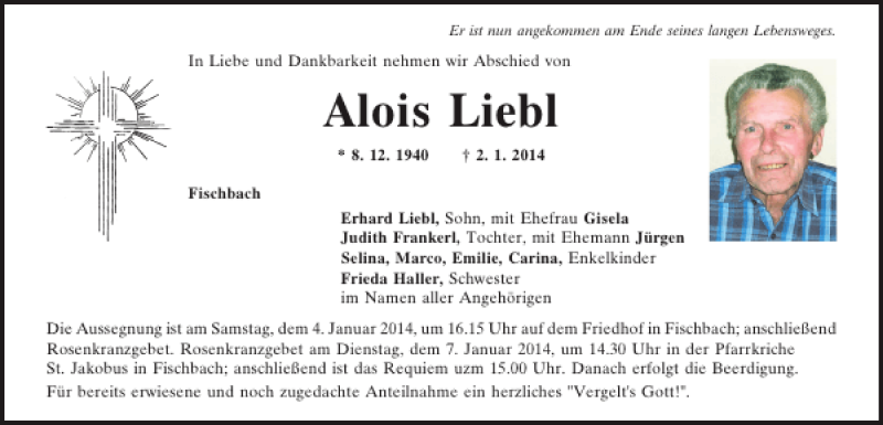  Traueranzeige für Alois Liebl vom 03.01.2014 aus Mittelbayerische Zeitung