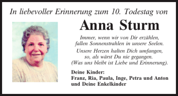 Traueranzeige von Anna Sturm von Mittelbayerische Zeitung