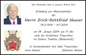 Traueranzeige von Erich-Gottfried Heuser von Mittelbayerische Zeitung