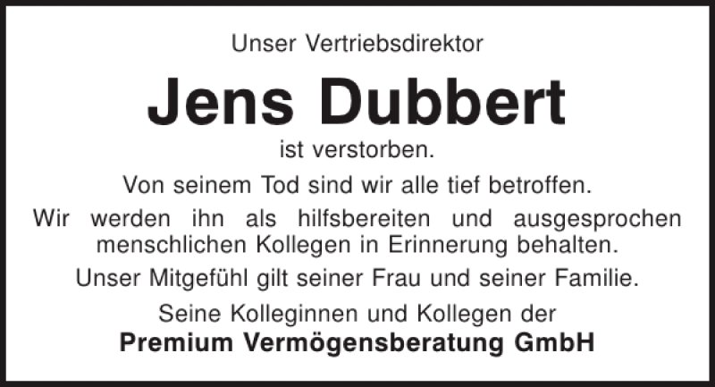  Traueranzeige für Jens Dubbert vom 20.01.2014 aus Mittelbayerische Zeitung