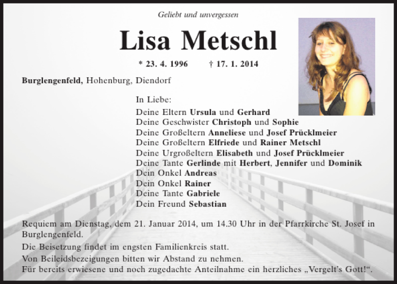  Traueranzeige für Lisa Metschl vom 20.01.2014 aus Mittelbayerische Zeitung