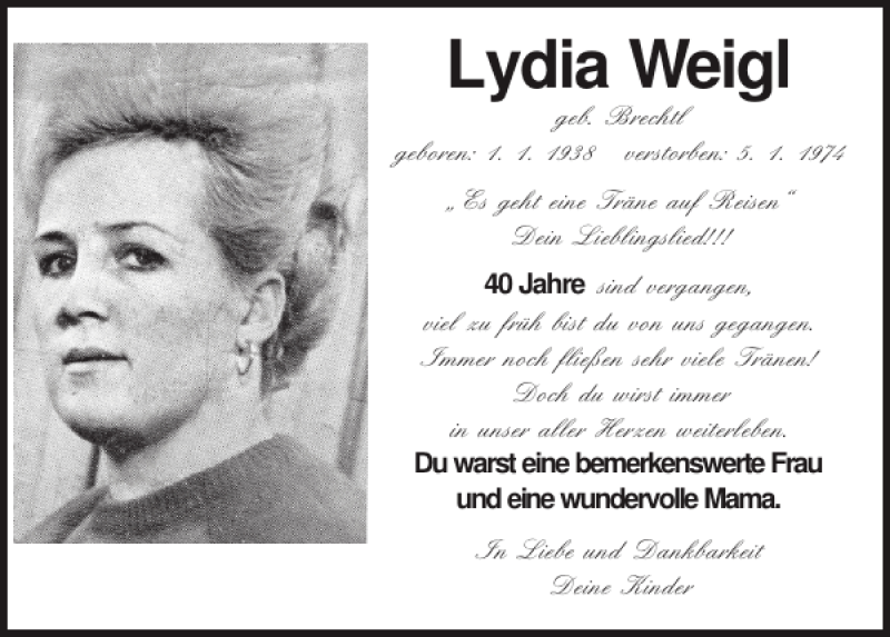  Traueranzeige für Lydia Weigl vom 04.01.2014 aus Mittelbayerische Zeitung