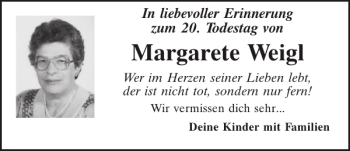 Traueranzeige von Margarete Weigl von Mittelbayerische Zeitung