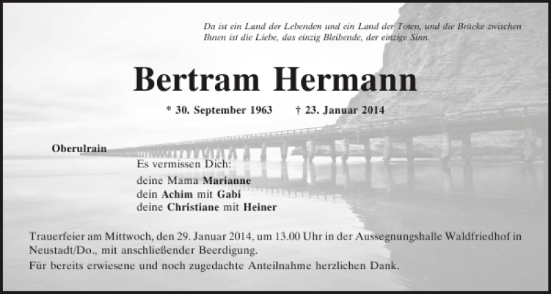  Traueranzeige für Oberulrain Bertram Hermann vom 27.01.2014 aus Mittelbayerische Zeitung