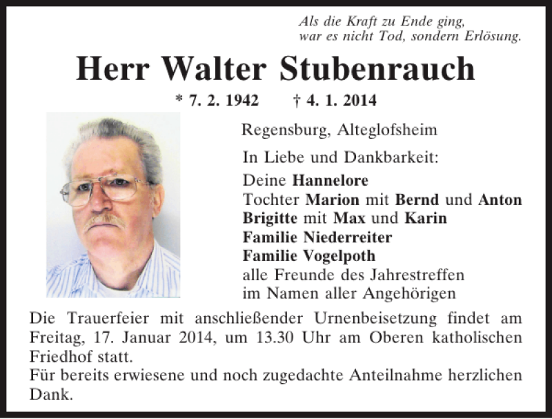  Traueranzeige für Regensburg Walter Stubenrauch vom 11.01.2014 aus Mittelbayerische Zeitung