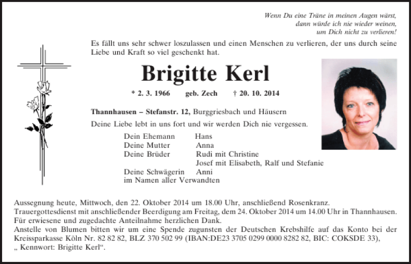  Traueranzeige für Brigitte Kerl vom 22.10.2014 aus Mittelbayerische Zeitung
