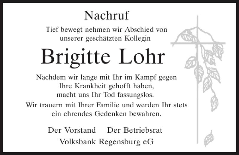  Traueranzeige für Brigitte  Lohr vom 15.10.2014 aus Mittelbayerische Zeitung