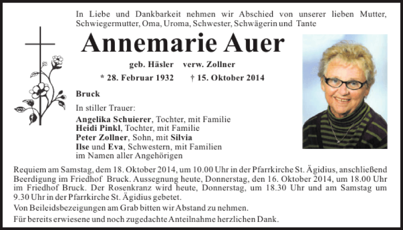 Traueranzeigen von Bruck Annemarie Auer Mittelbayerische Trauer