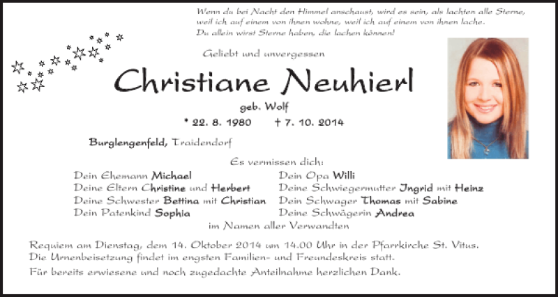  Traueranzeige für Christiane Neuhierl vom 11.10.2014 aus Mittelbayerische Zeitung