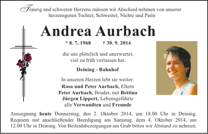  Traueranzeige für Andrea  Aurbach vom 02.10.2014 aus Mittelbayerische Zeitung