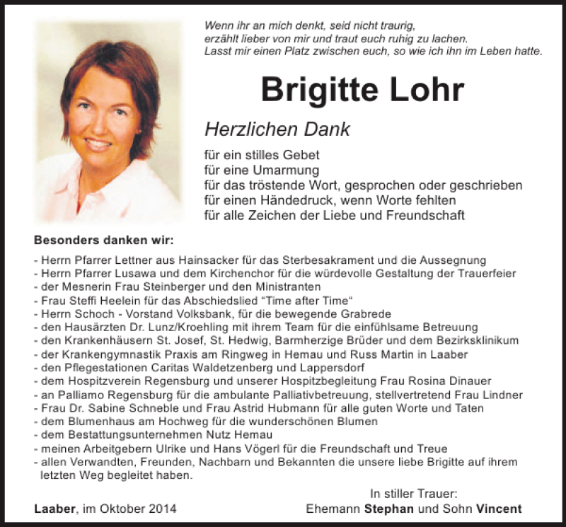  Traueranzeige für Brigitte  Lohr vom 18.10.2014 aus Mittelbayerische Zeitung