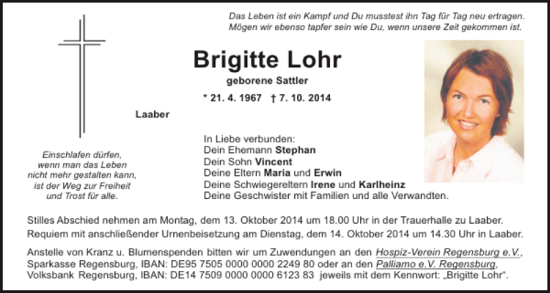 Traueranzeige für Brigitte  Lohr vom 11.10.2014 aus Mittelbayerische Zeitung