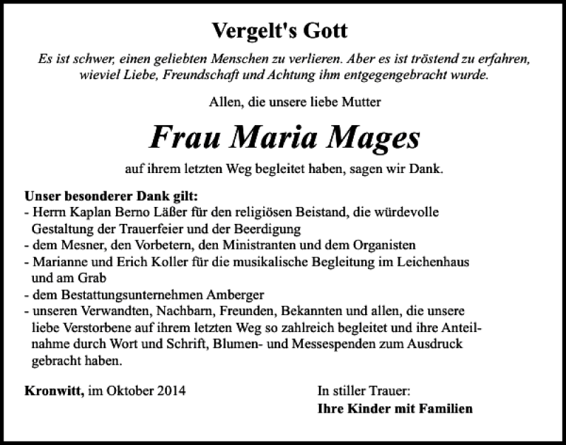  Traueranzeige für Maria Mages vom 02.10.2014 aus Mittelbayerische Zeitung