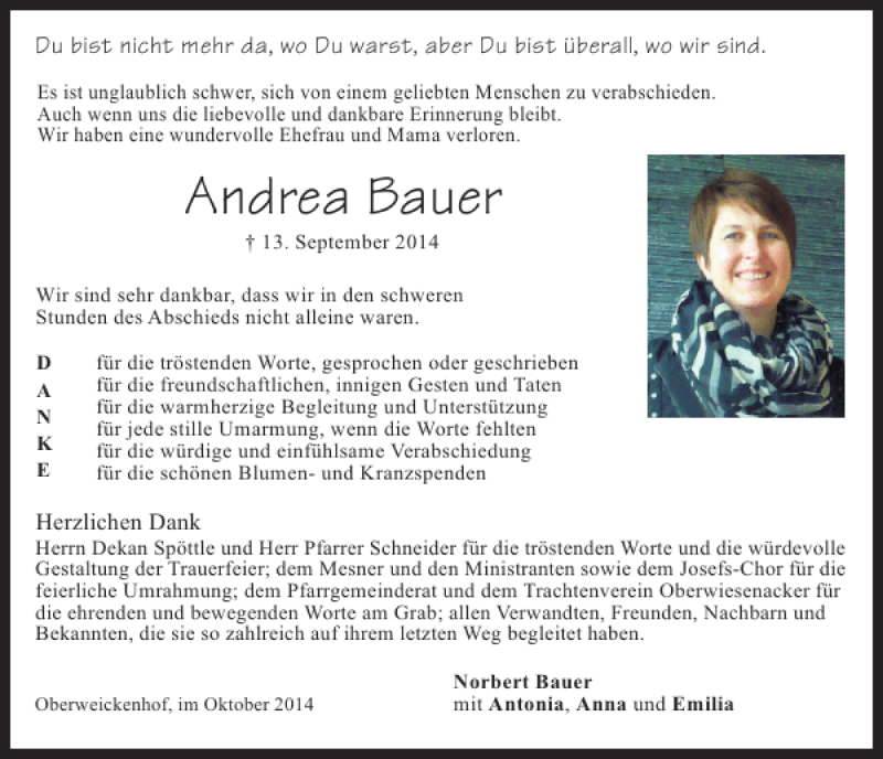  Traueranzeige für Andrea Bauer vom 18.10.2014 aus Mittelbayerische Zeitung