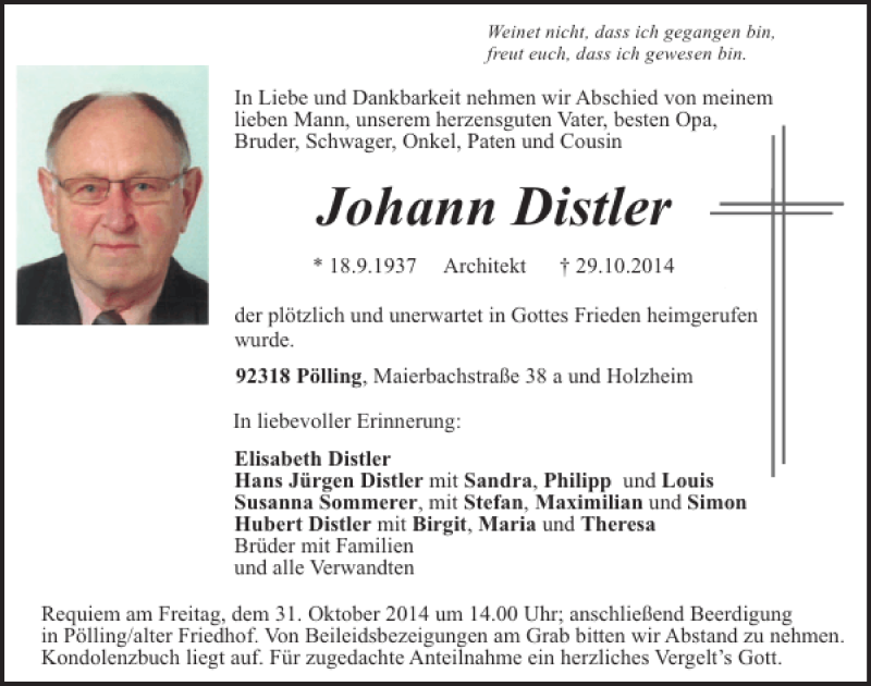  Traueranzeige für Pölling Johann Distler vom 30.10.2014 aus Mittelbayerische Zeitung