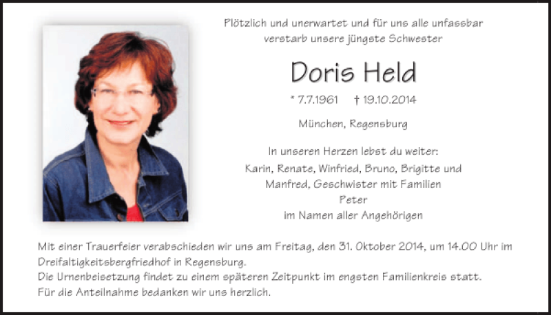  Traueranzeige für Doris  Held vom 25.10.2014 aus Mittelbayerische Zeitung