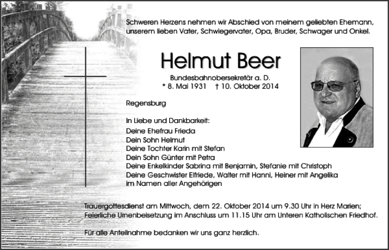  Traueranzeige für Regensburg Helmut Beer vom 18.10.2014 aus Mittelbayerische Zeitung