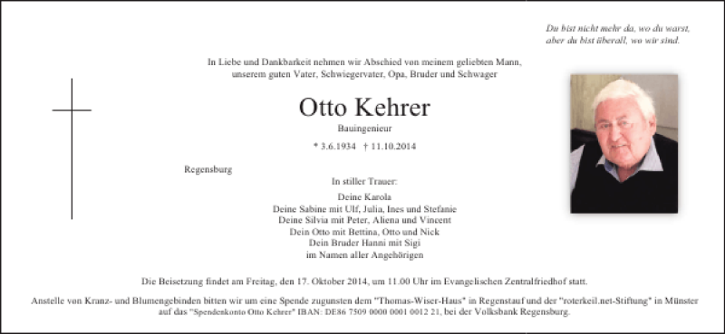  Traueranzeige für Regensburg Otto Kehrer vom 15.10.2014 aus Mittelbayerische Zeitung