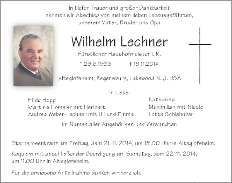  Traueranzeige für Alteglofsheim Wilhelm Lechner vom 20.11.2014 aus Mittelbayerische Zeitung