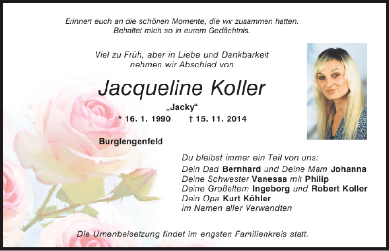  Traueranzeige für Burglengenfeld Jacqueline Koller vom 22.11.2014 aus Mittelbayerische Zeitung