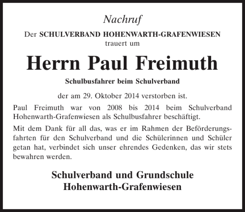  Traueranzeige für Paul Freimuth vom 06.11.2014 aus Mittelbayerische Zeitung