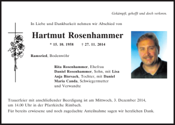 Traueranzeige von Ramsried Hartmut Rosenhammer von Mittelbayerische Zeitung