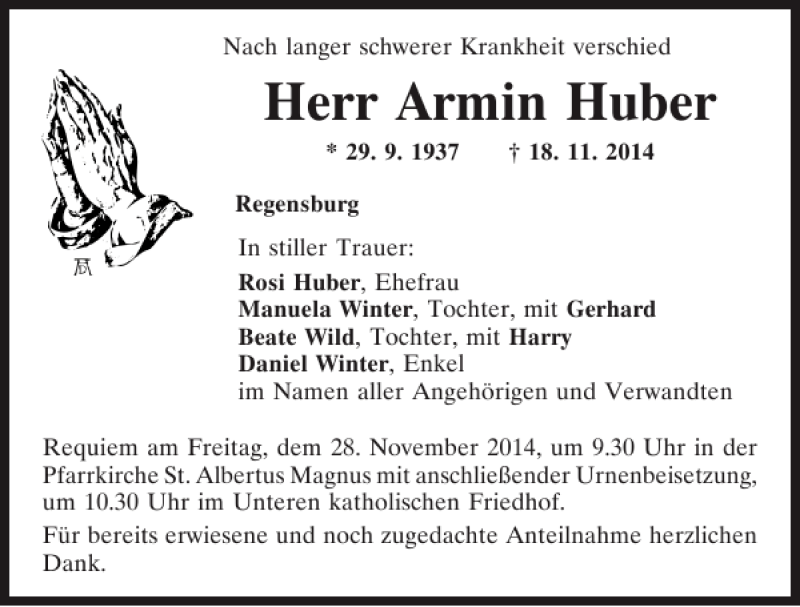  Traueranzeige für Regensburg Armin Huber vom 26.11.2014 aus Mittelbayerische Zeitung