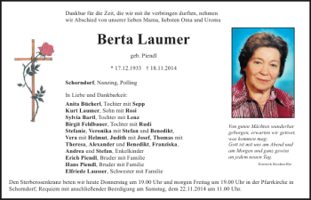 Traueranzeige von Schorndorf Berta Laumer von Mittelbayerische Zeitung