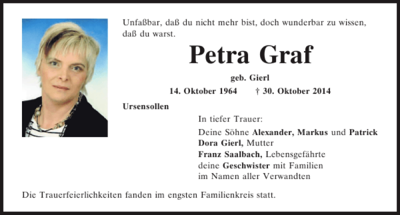  Traueranzeige für Ursensollen Petra Graf vom 08.11.2014 aus Mittelbayerische Zeitung