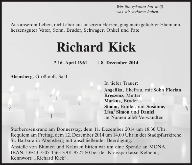  Traueranzeige für Abensberg Richard Kick vom 10.12.2014 aus Mittelbayerische Zeitung