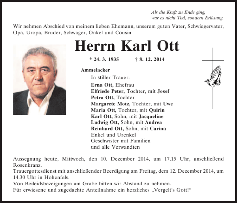  Traueranzeige für Ammelacker Karl Ott vom 10.12.2014 aus Mittelbayerische Zeitung