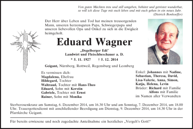  Traueranzeige für Geigant Eduard Wagner vom 06.12.2014 aus Mittelbayerische Zeitung