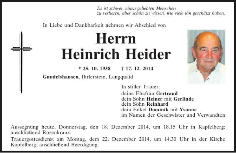 Traueranzeige für Gundelshausen Heinrich Heider vom 18.12.2014 aus Mittelbayerische Zeitung
