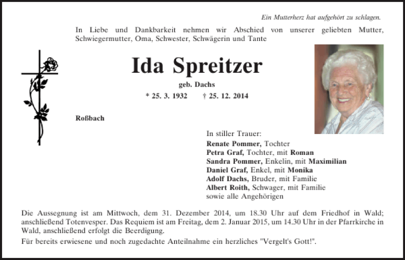  Traueranzeige für Ida Spreitzer vom 30.12.2014 aus Mittelbayerische Zeitung