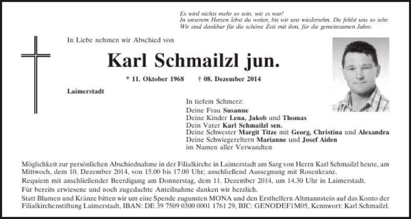  Traueranzeige für Karl Schmailzl jun. vom 10.12.2014 aus Mittelbayerische Zeitung