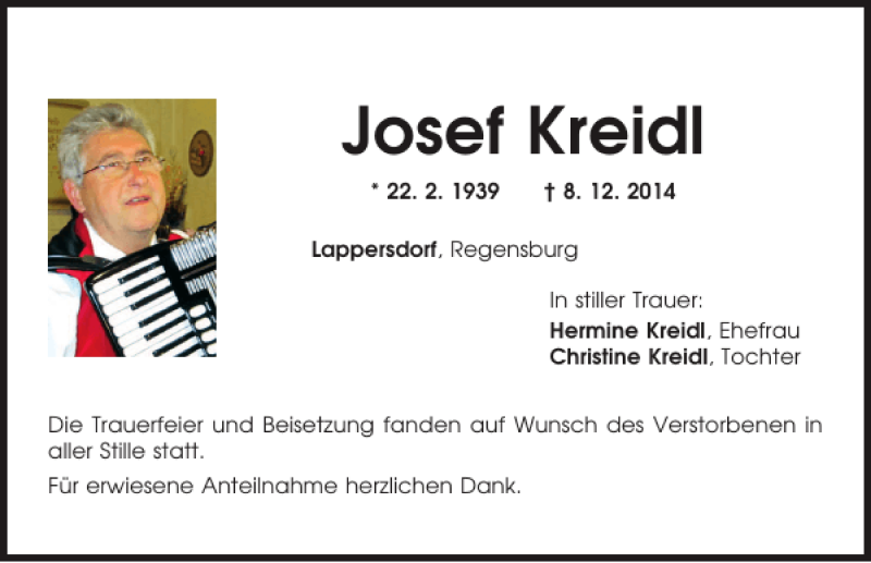  Traueranzeige für Lappersdorf Josef Kreidl vom 20.12.2014 aus Mittelbayerische Zeitung