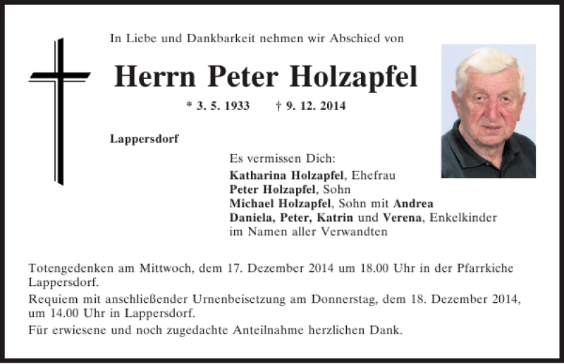  Traueranzeige für Lappersdorf Peter Holzapfel vom 13.12.2014 aus Mittelbayerische Zeitung