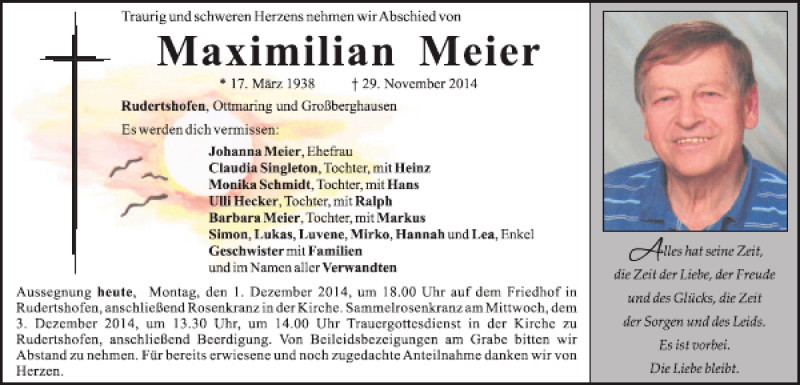  Traueranzeige für Rudertshofen Maximilian Meier vom 01.12.2014 aus Mittelbayerische Zeitung