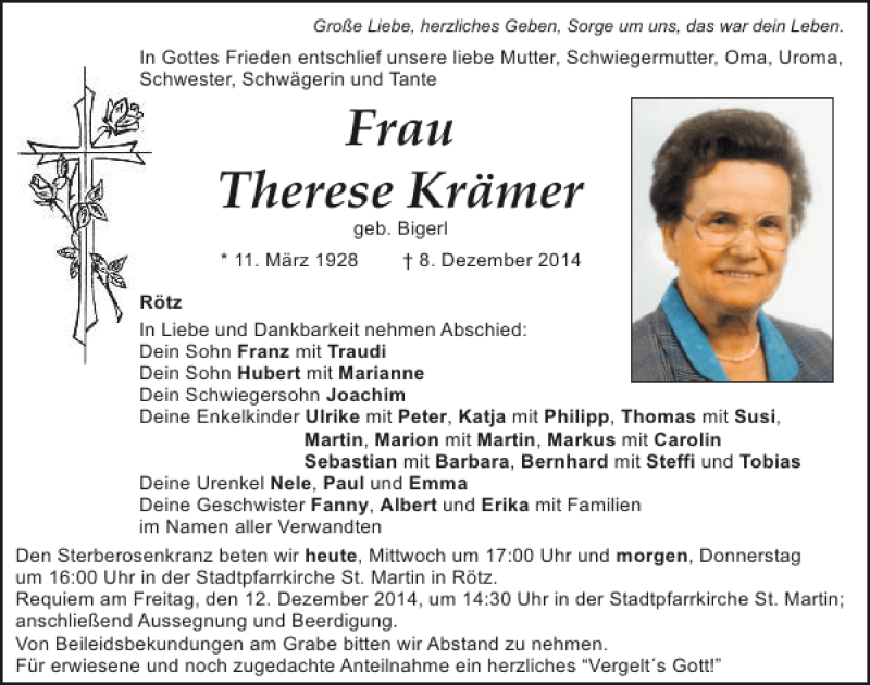  Traueranzeige für Rötz Therese Krämer vom 10.12.2014 aus Mittelbayerische Zeitung