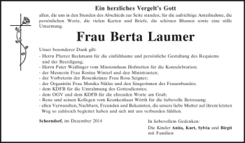 Traueranzeige von Schorndorf Berta Laumer von Mittelbayerische Zeitung