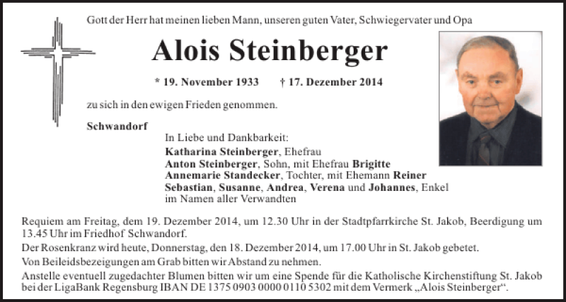  Traueranzeige für Schwandorf Alois Steinberger vom 18.12.2014 aus Mittelbayerische Zeitung