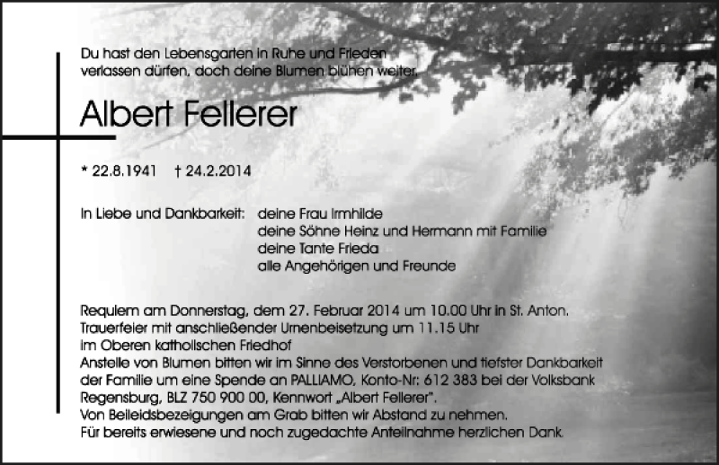  Traueranzeige für Albert Fellerer vom 25.02.2014 aus Mittelbayerische Zeitung