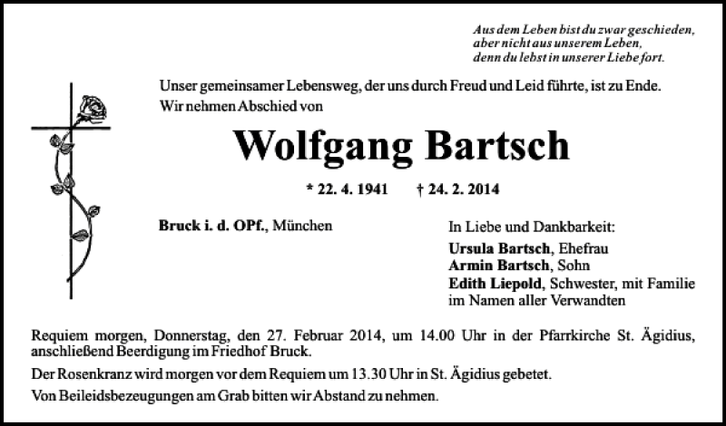 Traueranzeige für Bruck i. d. Opf. Wolfgang Bartsch vom 26.02.2014 aus Mittelbayerische Zeitung