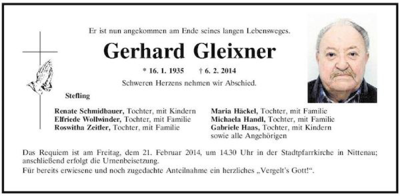  Traueranzeige für Gerhard Gleixner vom 15.02.2014 aus Mittelbayerische Zeitung
