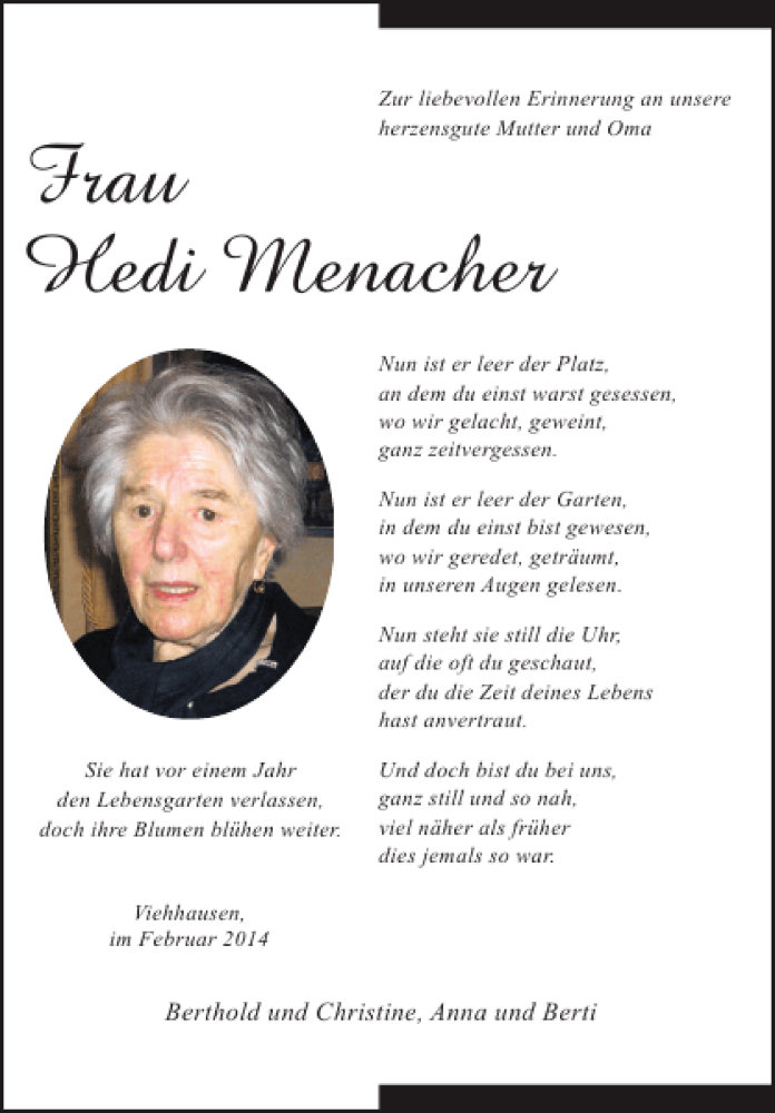  Traueranzeige für Hedi Menacher vom 05.02.2014 aus Mittelbayerische Zeitung