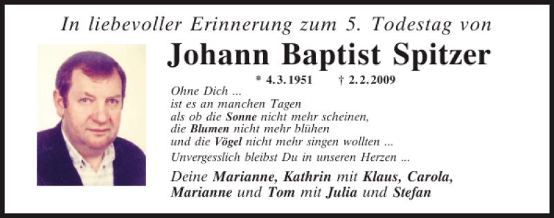  Traueranzeige für Johann Baptist Spitzer vom 01.02.2014 aus Mittelbayerische Zeitung
