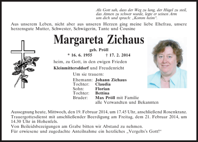 Traueranzeige für Kleinmittersdorf Margareta Zichaus vom 19.02.2014 aus Mittelbayerische Zeitung