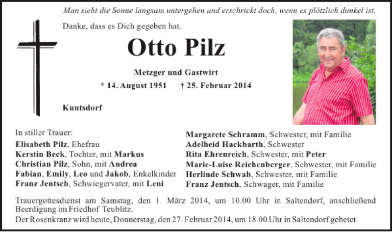  Traueranzeige für Kuntsdorf Otto Pilz vom 27.02.2014 aus Mittelbayerische Zeitung