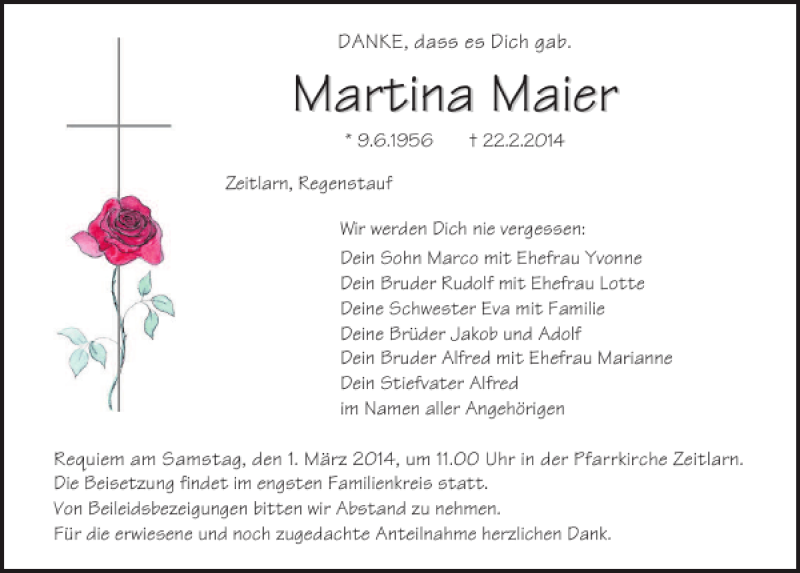  Traueranzeige für Martina Maier vom 26.02.2014 aus Mittelbayerische Zeitung